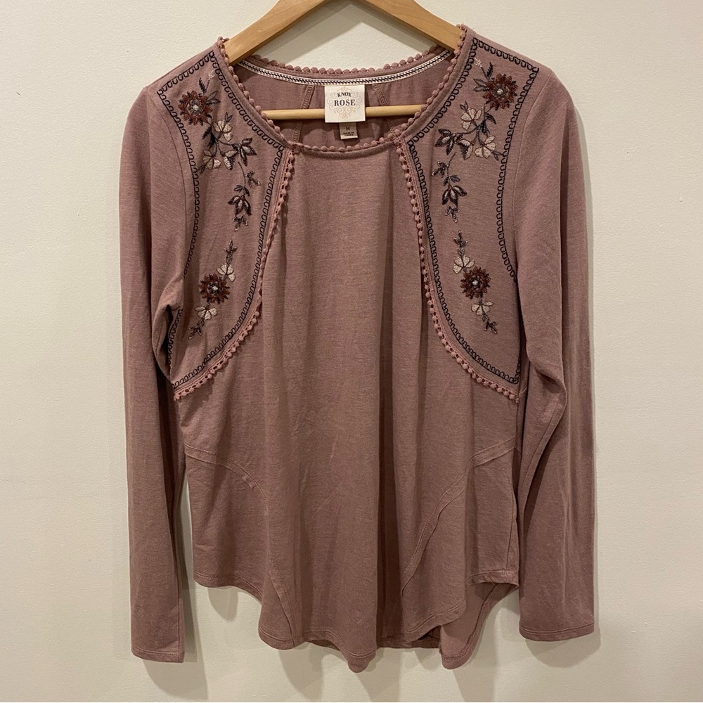 Knox Rose mauve embroidered long sleeve top size medium curved hem